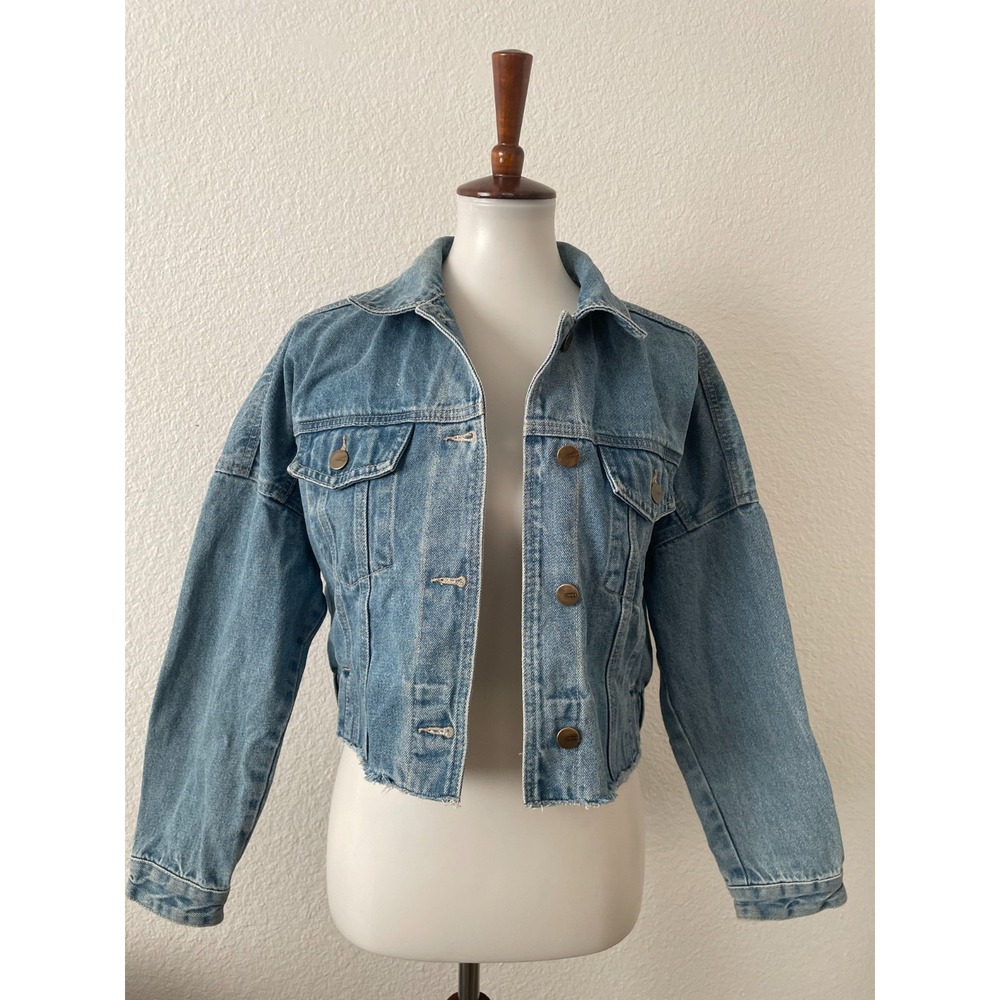 Mono B Denim Jacket Women S Jean Cropped Distressed Frayed Hem Retro Streetwear